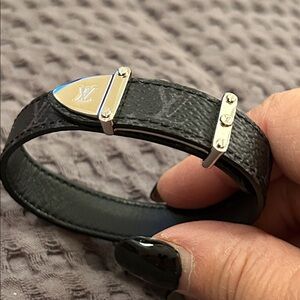 Louis Vuitton Black Leather Bracelet with Silver Accents